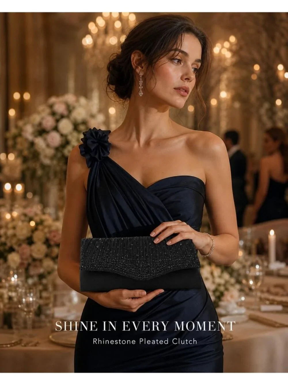 👜 Women's Black Dent-Proof Pleated Rhinestone Formal Evening Bag with Chain